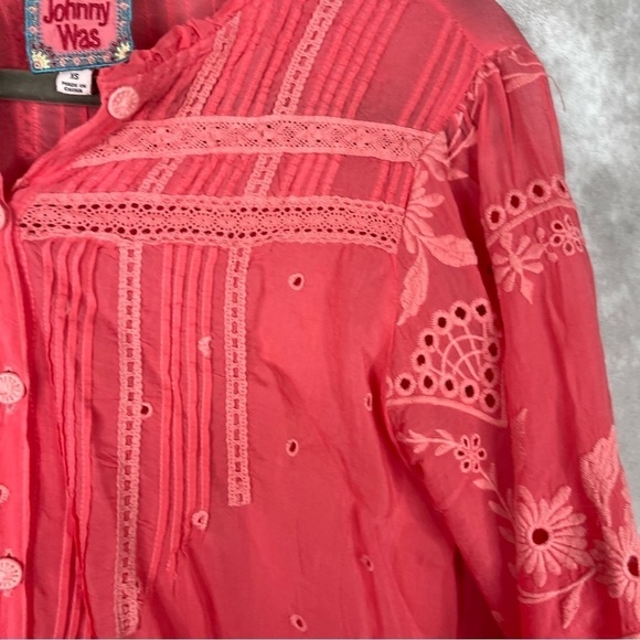 Johnny Was Helia Button-Down Long Sleeve Blouse In Passion Fruit Coral Size XS - Picture 3 of 9